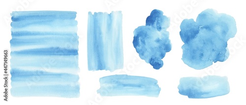 Blue watercolor background. Set of watercolor stains for design.