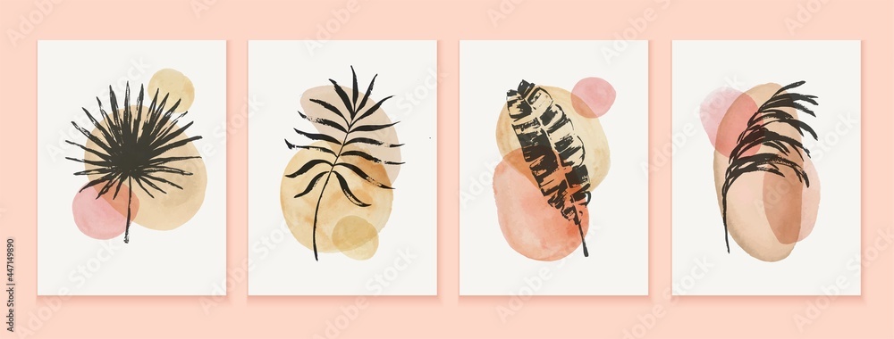 Botanical wall art with hand painted exotic leaves and watercolor texture stains. - obrazy, fototapety, plakaty 