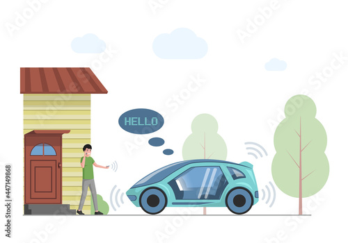 Future personal transport vector flat illustration. Smiling man talking phone and going to smart car. Futuristic high speed transportation. Modern car technologies, self driving automobile.