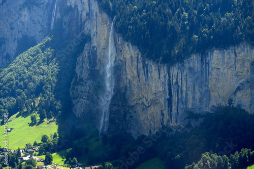 Beautiful Staubbach falls at Bernese Highland, the waterfall drops 297 metres (974 feet) from a hanging valley. Photo taken July 20th, 2021, Lauterbrunnen, Switzerland. © Michael Derrer Fuchs