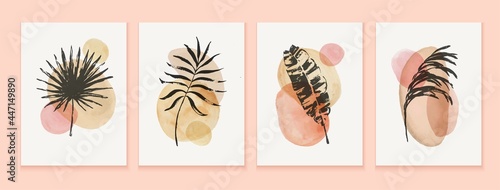 Botanical wall art with hand painted exotic leaves and watercolor texture stains.