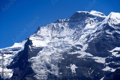 Mount Jungfrau (Virgin) at Bernese highland on a sunny summer day with blue sky background. Photo taken July 20th, 2021, Lauterbrunnen, Switzerland. © Michael Derrer Fuchs