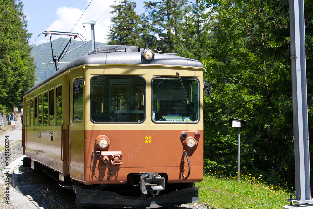 Train of the Lauterbrunnen–Mürren Mountain Railway BLM at the Bernese Oberland area of Switzerland, which connects the villages of Lauterbrunnen and Mürren. Photo taken July 20th, 2021, Lauterbrunnen.