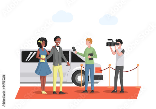Famous couple in evening wears arriving at the red carpet on white limousine vector flat illustration. Celebrities posing to paparazzi, journalist interviewing actors or singers at social party.
