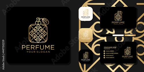 Luxury perfume logo with bottle design and business card template reference