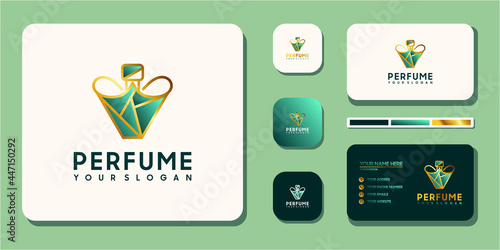Luxury perfume logo with bottle design and business card template reference