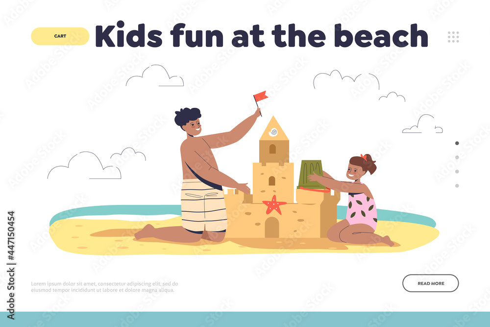 Φωτογραφία Kids fun on beach concept of landing page with children building sand castle at