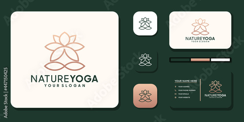 Yoga meditation with abstract lines logo and business card design Premium Vector