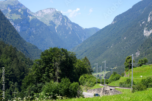 Landscape in the mountains at Bernese highland on a beautiful summe day. Photo taken July 20th, 2021, Lauterbrunnen, Switzerland.