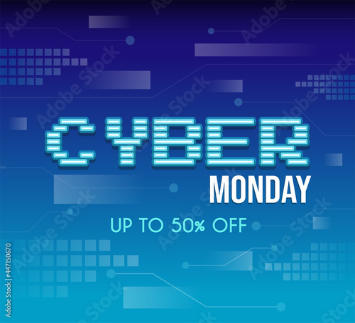 Cyber Monday tech vector poster design with text. Seasonal sale, up to 50 percent off advertisement offer. Bright blue modern banner template for shopping and marketing, special offer flyer concept.