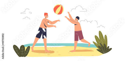 Kids playing volleyball on beach. Children having fun outdoors on summer holidays