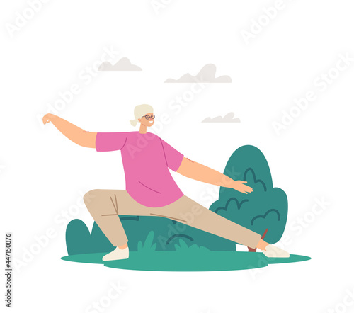Pensioner Morning Workout at City Park. Elderly Woman Tai Chi Exercises, Classes for People. Senior Character Exercising