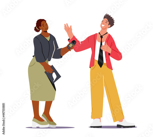Journalist Interviewing Man in Suit, Politician or Businessman. Tv Reporter Female Character Holding Microphone