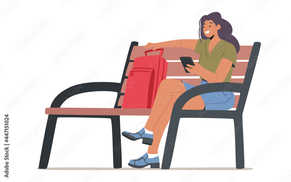 Fototapeta premium Young Woman with Mobile Phone and Backpack Sitting on Bench. Smiling Student Female Character Holding Cellphone