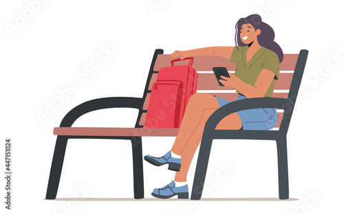 Young Woman with Mobile Phone and Backpack Sitting on Bench. Smiling Student Female Character Holding Cellphone