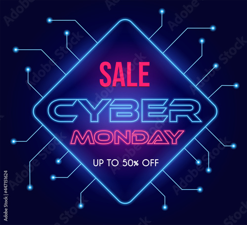 Cyber Monday modern tech vector poster design with text. Seasonal sale up to 50 percent off neon banner template. Modern luminous promotion billboard concept for shopping and marketing.