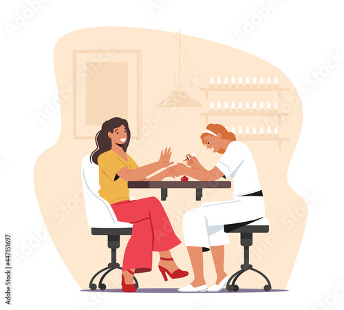 Woman Visiting Beauty Salon. Master Character Do Manicure Procedure to Girls in Studio. Grooming Place or Club