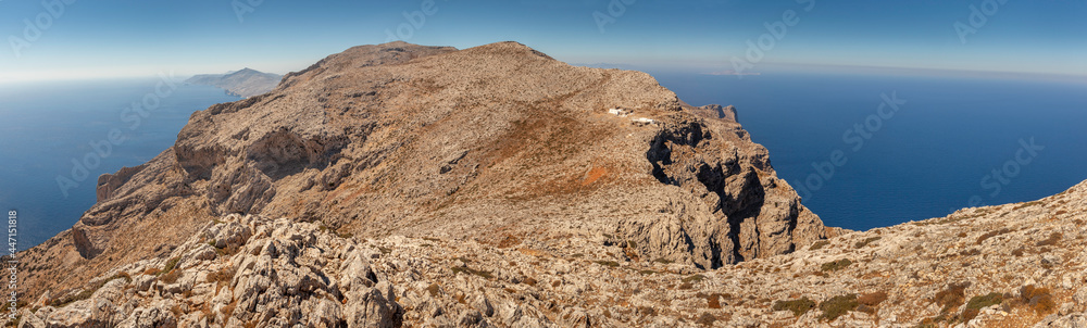 Panoramic view of Stavros monastery on the high mountain, Amorgos, Greece