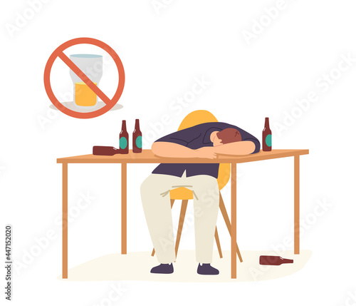 Alcoholism Concept. Drunk Man Hangover Syndrome due to Alcohol Addiction. Male Character Sleeping on Table with Bottles