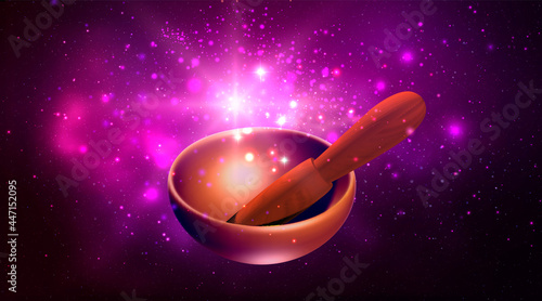 Magic singing bowl on purple background. Music for healing and meditation