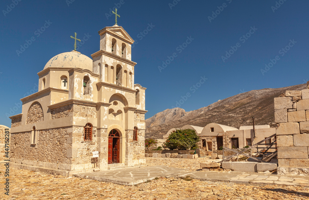 Monastery of Zoodochos Pigi or Panagia Kalamiotissa on Greek island Anafi in Cyclades, Greece