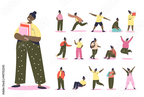 African american teen girl lifestyle set: cartoon schoolgirl with backpack, holding books, jumping
