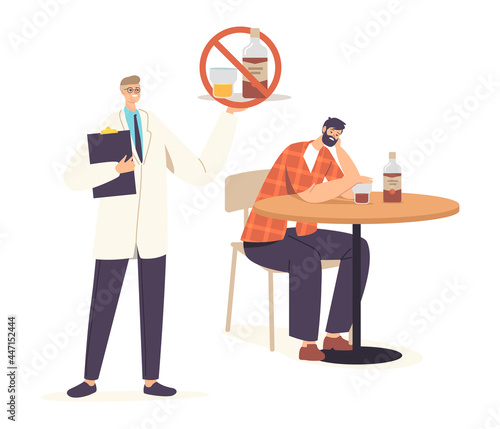 Depression, Alcoholism Addiction Concept. Sad Male Character with Alcohol Bottle Sitting at Table with Unhappy Face
