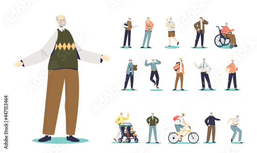 Set of cartoon senior man grandfather happy smiling different lifestyle situations and poses