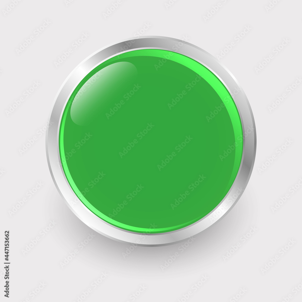 Round green button with lens flare effect and chrome border. Green and silver colors. Vector illustration.
