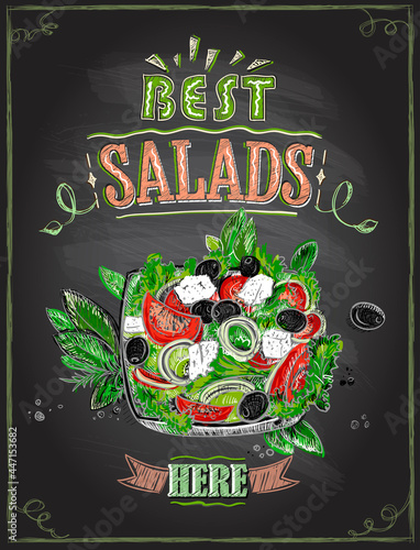 Best salads here, chalkboard menu with greek salad