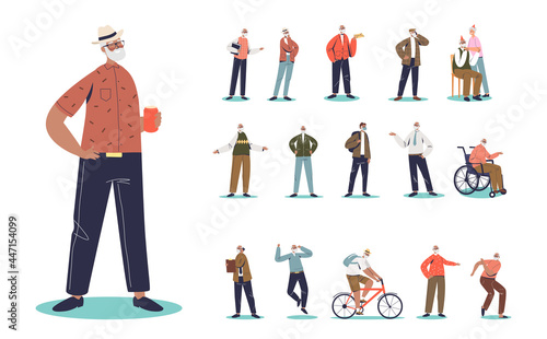 Set of senior male cartoon drink beer wear hipster hat in different lifestyle situations and poses