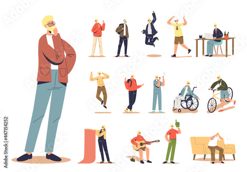 Lifestyle set of male bearded hipster, man cartoon character full length isolated. Casual guy walk