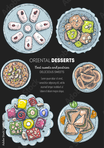 Oriental sweets vector illustration, top view. Middle eastern food, hand drawn. Food menu background. Colorful design template. EPS10
