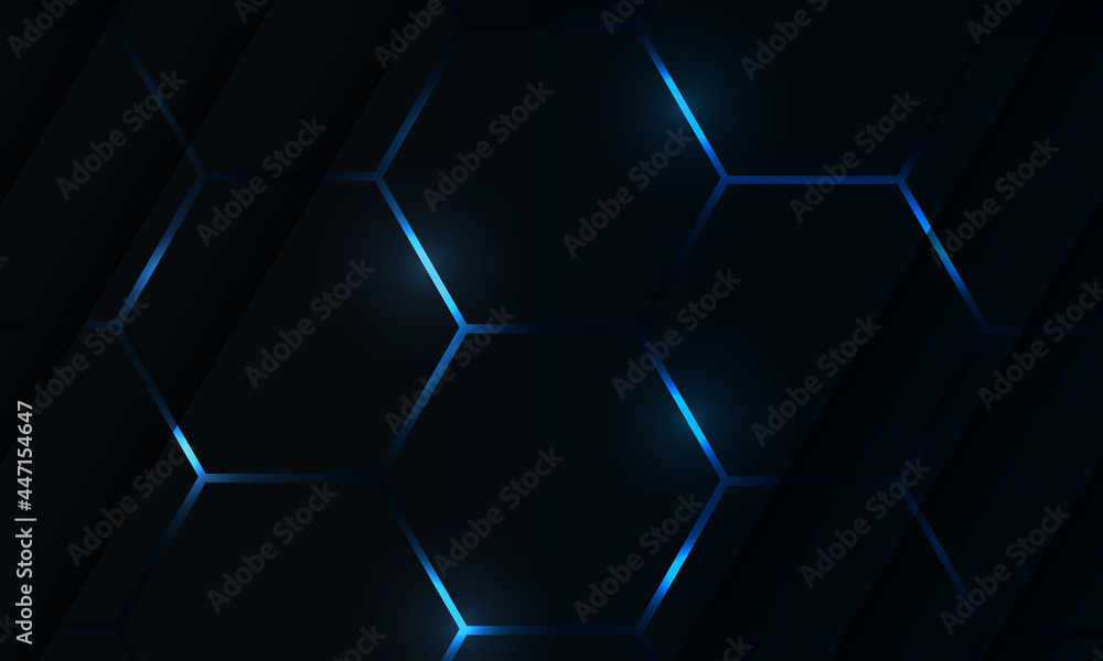 Dark hexagon gaming abstract vector background with blue colored bright flashes. Vector illustration
