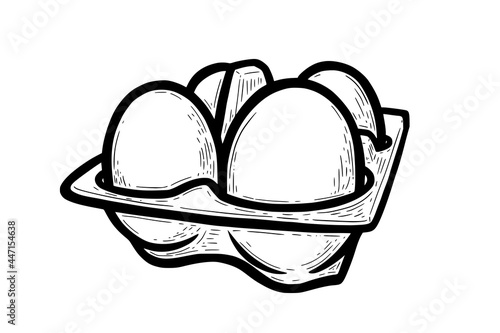 Package of eggs from free grazing hens. Chicken eggs for breakfast or other cooking needs. Hand drawn vector illustration