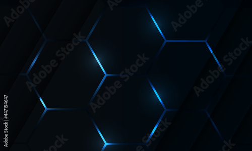 Dark hexagon gaming abstract vector background with blue colored bright flashes. Vector illustration