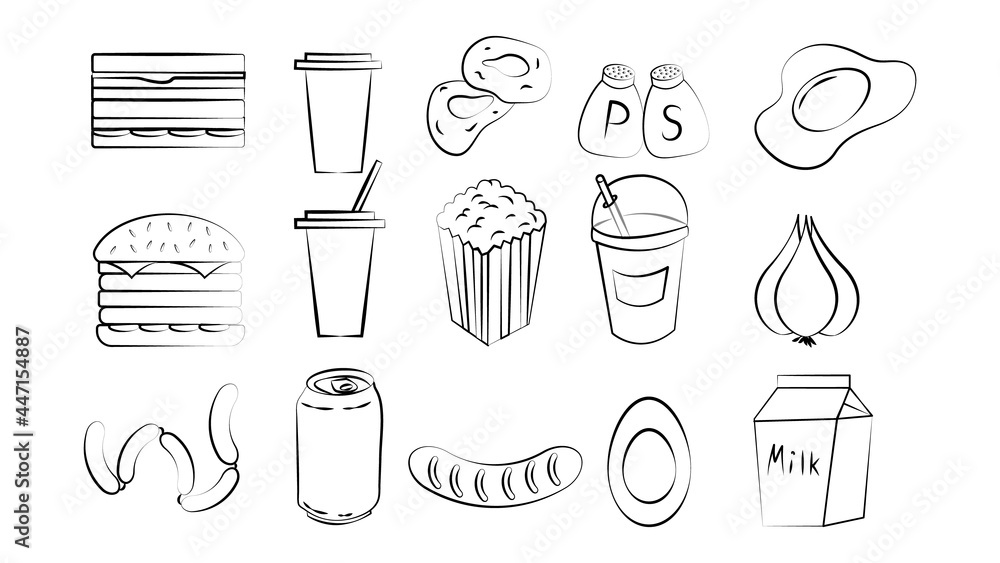 Black and white set of 15 food and snack items icons for restaurant bar cafe: sandwich, burger, soda, drink, popcorn, lemonade, sausage. The background