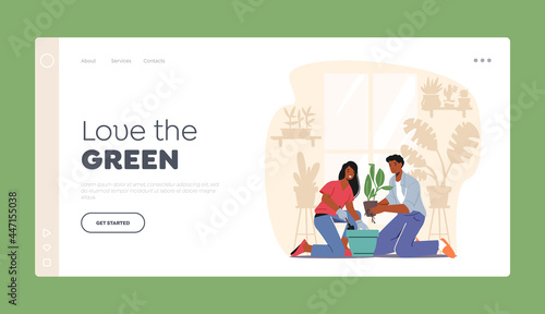 Love the Green Landing Page Template. Happy Couple Taking Care of Home Plants. Characters Enjoying Growing Houseplants