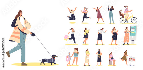 Set of young female walking with dog in different lifestyle situations and poses