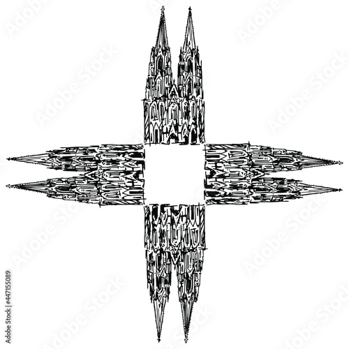 Square cross design with medieval European Gothic cathedrals. Cologne Cathedral (Kölner Dom). Hand drawn linear ink sketch. Black silhouette on white background.