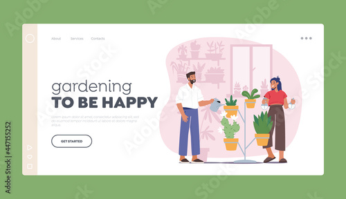 Gardening Hobby Landing Page Template. Man and Woman Spraying and Watering Flowers. Couple Characters Care of Plants