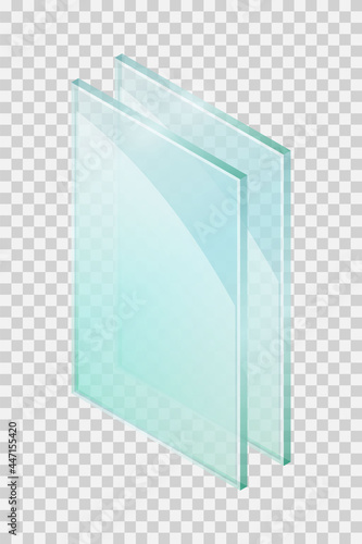 Vector illustration sheets of window glass isolated on transparent background. Realistic glass sheets icon. Isometric illustration shiny plates of industrial tempered glass. Double glazed window pane.