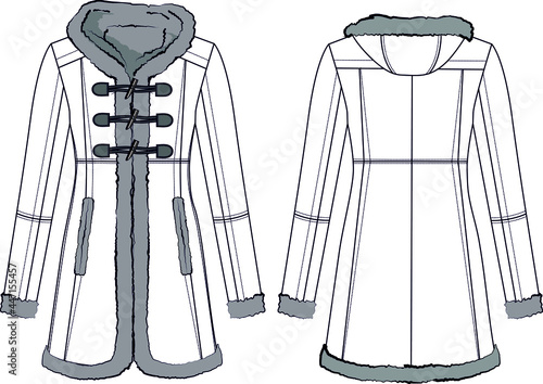 Fashion faux suede jacket coat with fur trim hood technical illustration. Editable outwear flat fashion sketch