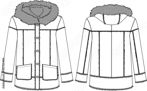 Fashion faux suede jacket coat with fur trim hood technical illustration. Editable outwear flat fashion sketch