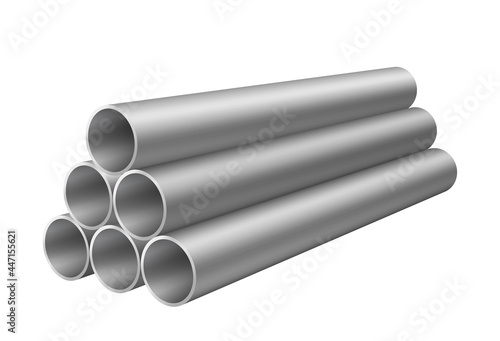 Stack of steel pipes isolated. Set of straight metal or pvc plumbing cylinders. Industrial pipelines
