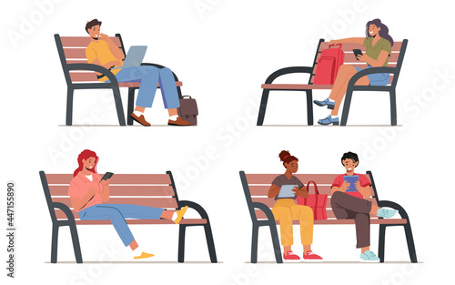Set of Characters Sitting on Bench with Gadgets. Young Men and Women Communicating Online in Internet. Social Media