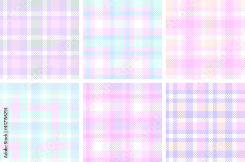 Set of seamless check pastel patterns. Textile tartan plaid swatch