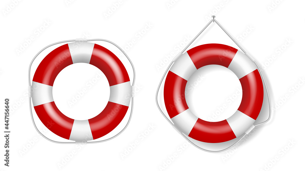 Set of realistic lifebuoys, white and red striped rescue life preserver rings. Lifesavers lifeguards Set of realistic lifebuoys, white and red striped rescue life preserver rings. Lifesavers lifeguards