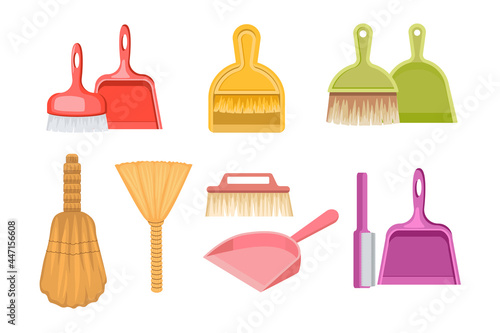 Set of Household Plastic Tools Scoops, Dustpans and Brooms Isolated on White Background. Brushes for Cleanup Icons