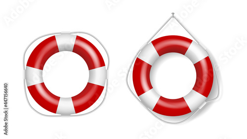 Set of realistic lifebuoys, white and red striped rescue life preserver rings. Lifesavers lifeguards